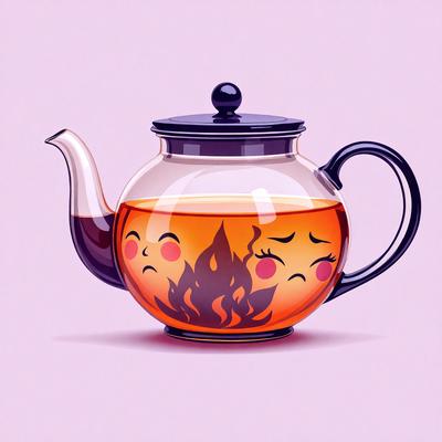 The primary subject of the image is a teapot with a fire inside it. The teapot is black and white, and it has a fire inside it, which adds a sense of warmth and coziness to the scene. The setting is a purple background, which complements the black and white teapot. The visual style of the image is a combination of digital art and illustration, creating a unique and eye-catching design. The overall atmosphere of the image is warm, inviting, and comforting,